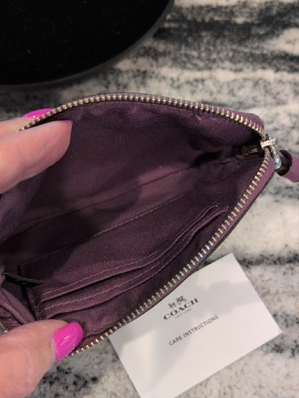 COACH Brown Signature Floral Zip Wristlet with Plum Trim - Picture 4 of 7